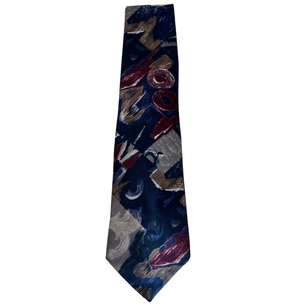 Vintage Botany 500 Mens Tie Navy Silver Burgundy Abstract Print 3.5 in width